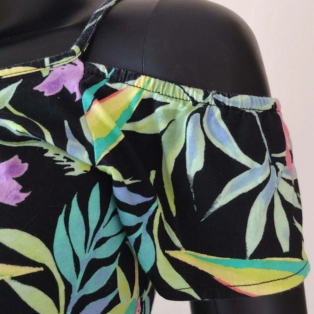 Children's Place Dress Girl (10/12) Black Floral Cold Shoulder Hi Low Vacation‎ - Picture 3 of 5